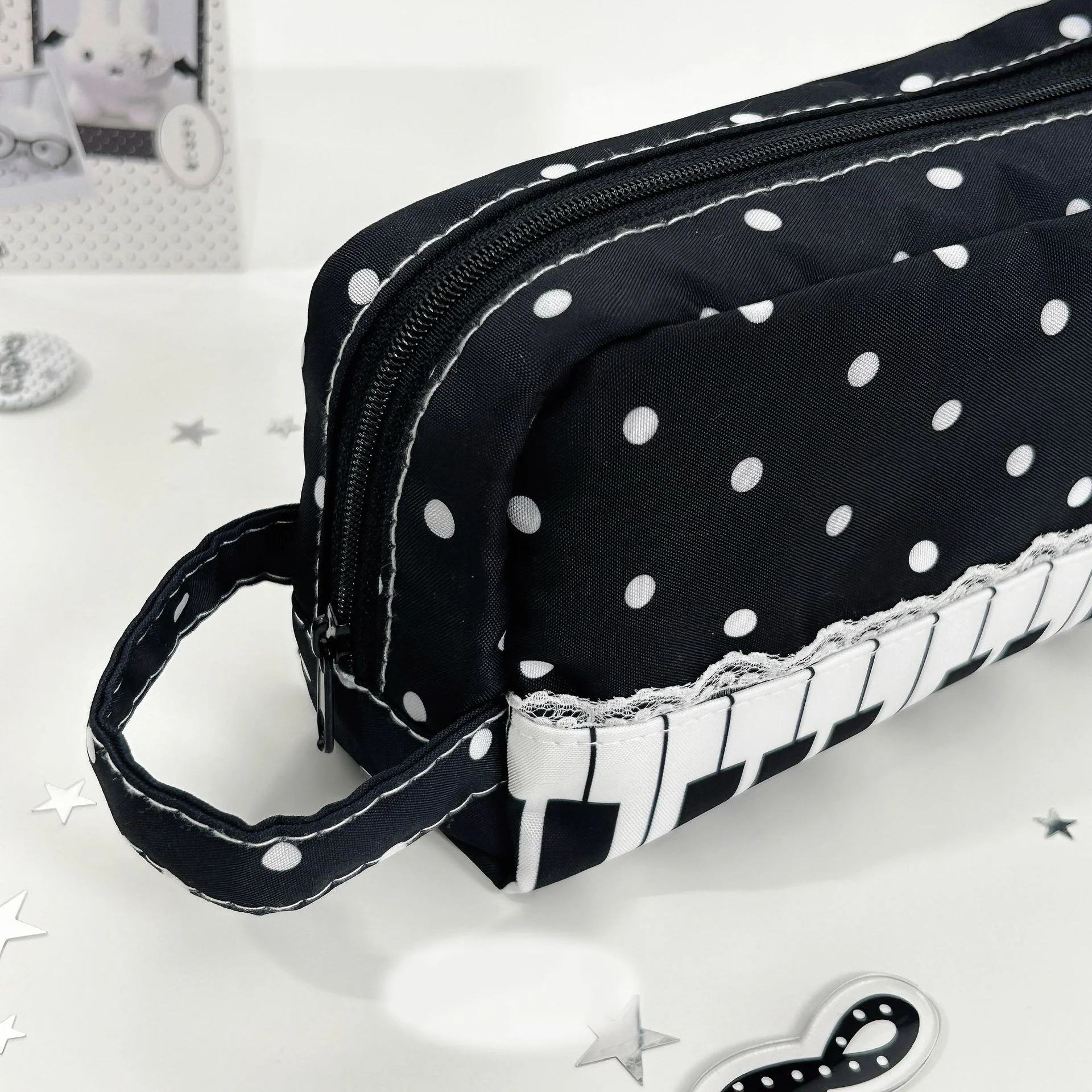 Kawaii Polka Dot Piano Key Print Pencil Case With Handle Large Capacity Pencil Pouch Stationery Organizer Students