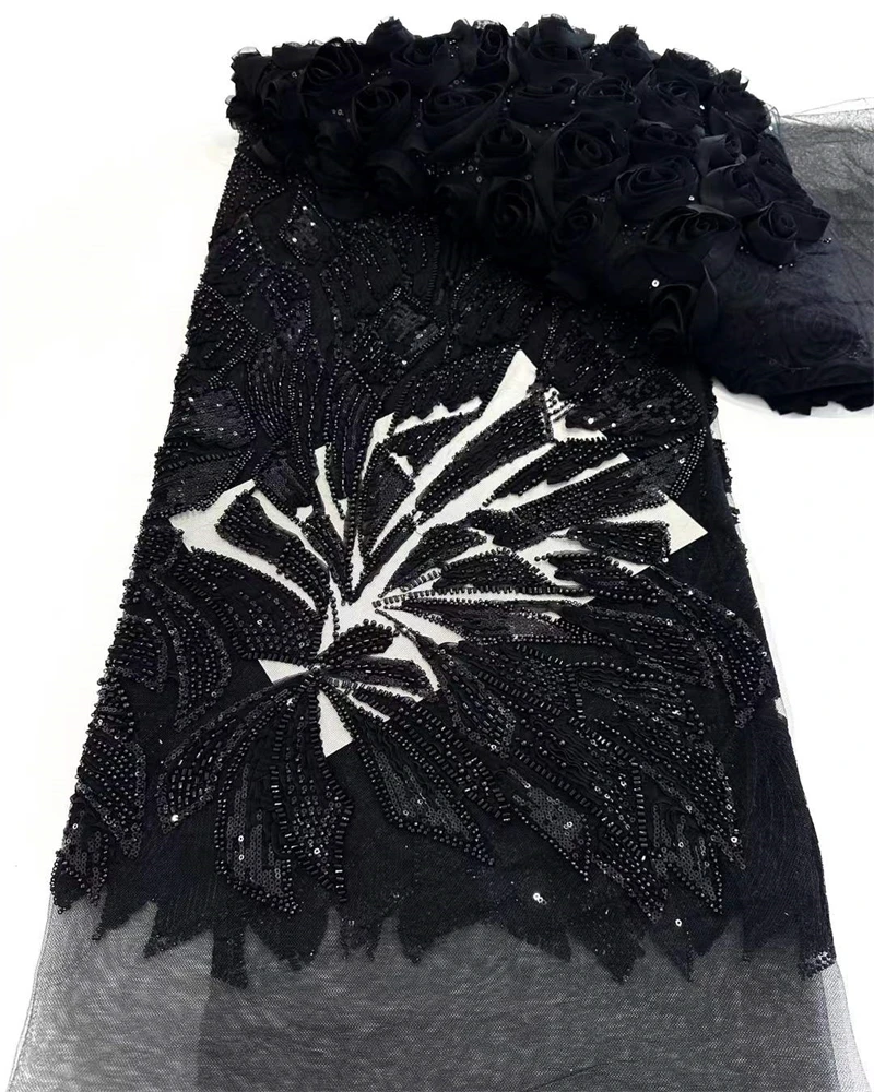 

2025 Latest Handmade Beaded Embroidery French Tulle Lace Fabric For Party Nigerian Luxury Sequines Lace Fabric For Wedding