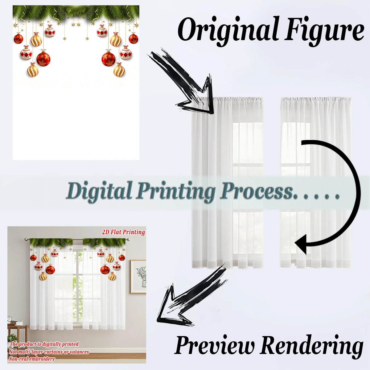 ستارة شفافة للمطبخ مطبوعة مسطحة لعيد الميلاد مع فرع كرة عيد الميلاد المجيد على شكل نجمة من الصنوبر لحفلات ديكور المنزل في عيد الميلاد