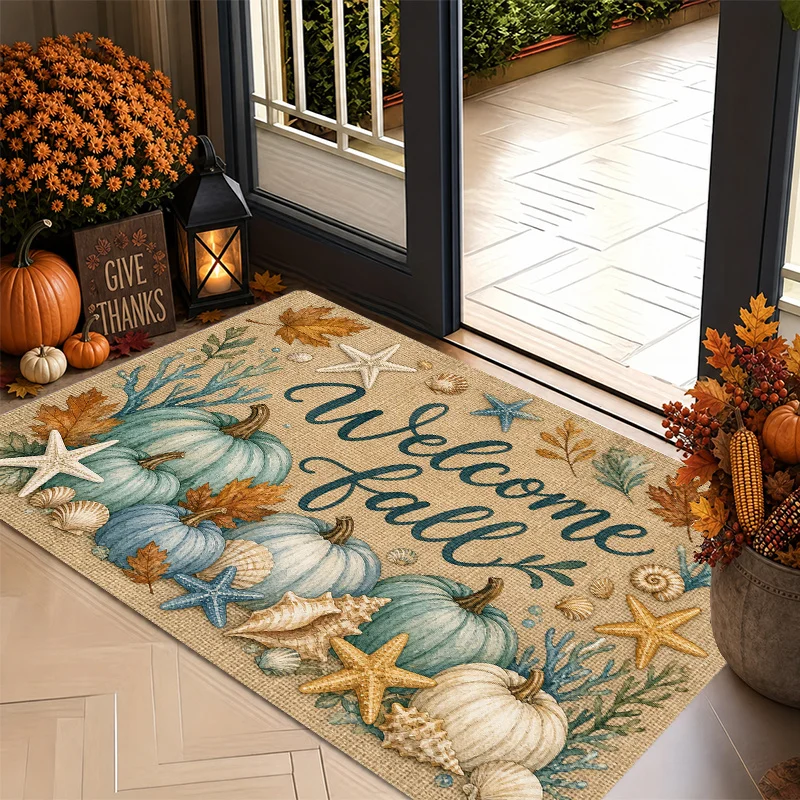 Warm tone decorative floor rug featuring beige brown green foliage and cursive Welcome text ideal for café patios