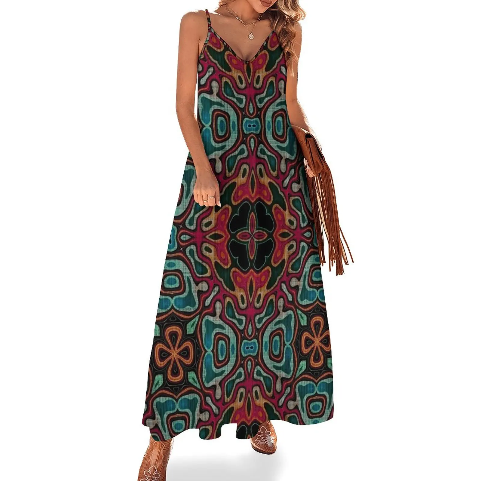 

Green Blue Teal Turquoise Orange Red Hip Orient Bali Art Sleeveless Dress Woman fashion dress for women