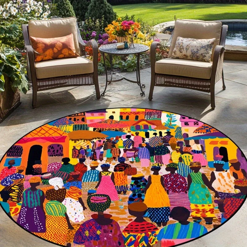 Retro African Village Figure Round Rug Bright Hand-Painted Ethnic Street Scene Circular Mat Cultural Themed Floor Mat  Decor