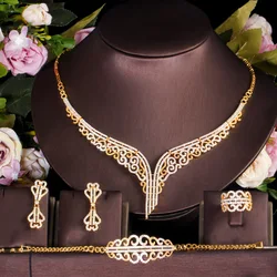 ThreeGraces 4pcs Vintage Cubic Zirconia African Gold Color Earrings Ring Bracelet Necklace Party Jewelry Set for Women TZ949