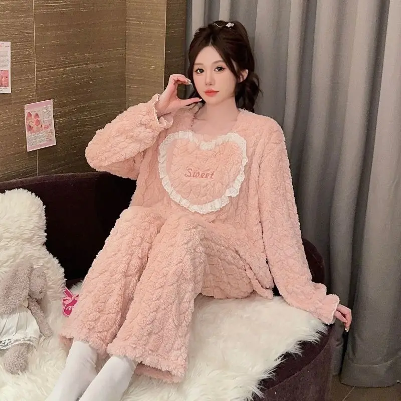 

Зима 2024, большие размеры, толстые теплые фланелевые пижамные комплекты с длинными рукавами для женщин, коралловая бархатная одежда для сна, пижама Mujer, одежда