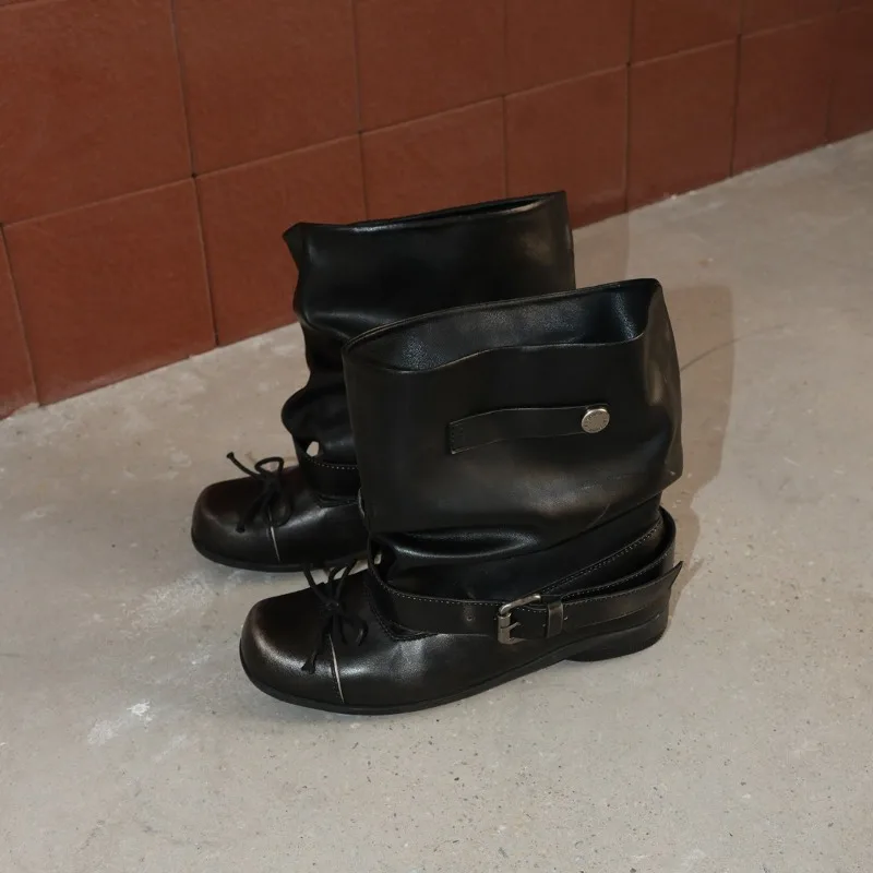 

New Retro Women's Shoes Exquisite Western Slouch Boots for Woman Fashion Round Head Mid Calf Boots Designer Shoes Zapatos Mujer