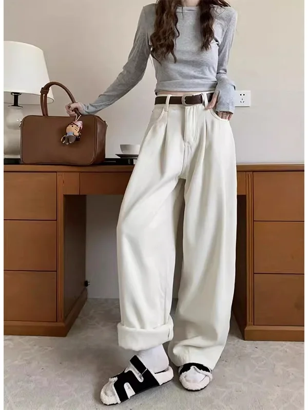 กางเกงยีนส์ทรงตรงเอวสูงขายาวทรงขากว้างสำหรับผู้หญิง รุ่นใหม่สำหรับฤดูใบไม้ร่วงและฤดูหนาว สไตล์เรโทรอบอุ่น