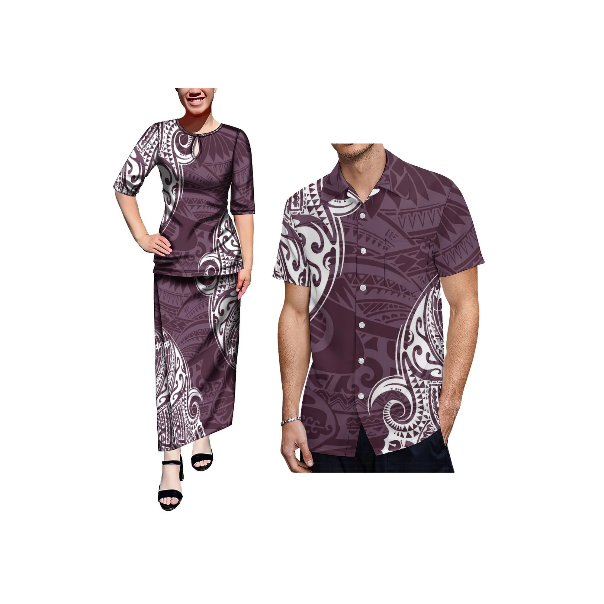 New Design Custom Logo Puletasi Polynesia Dress Plus Size Women O-Neck Half Sleeve  Dress Top And Skirts Two Piece Set