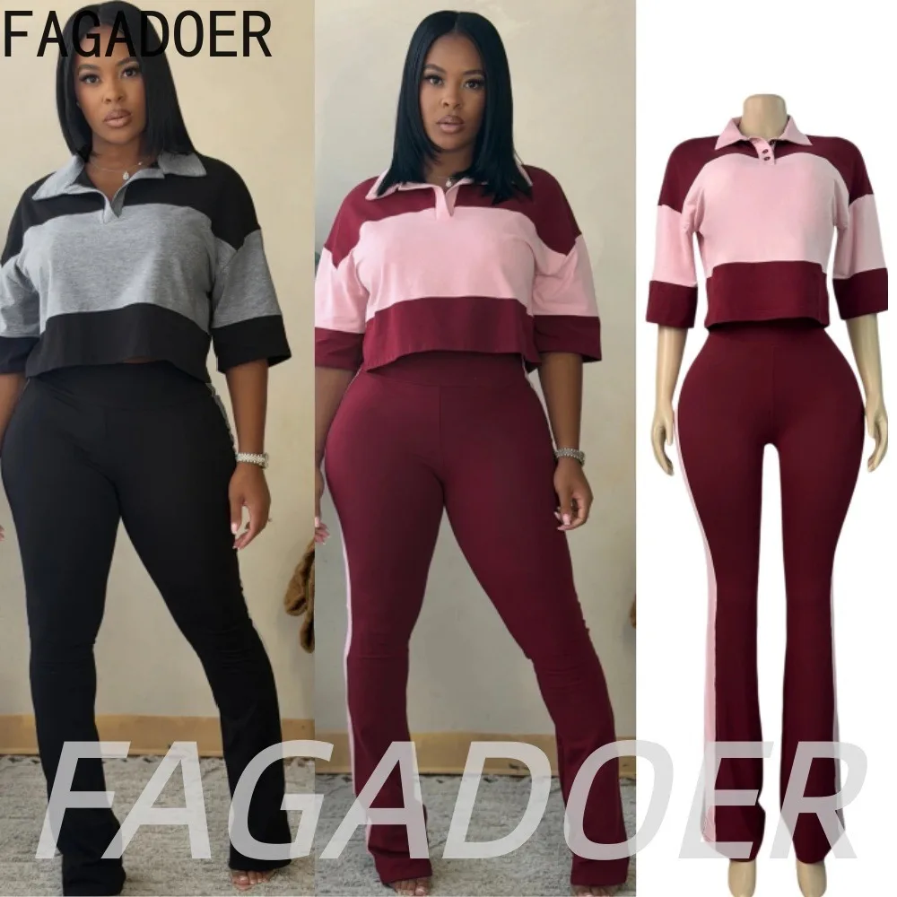 FAGADOER Fashion Color Patchwork 2 Piece Sets Trendy Short Sleeve Crop Top High Waist Flare Pants Outfits Street Style Suits New