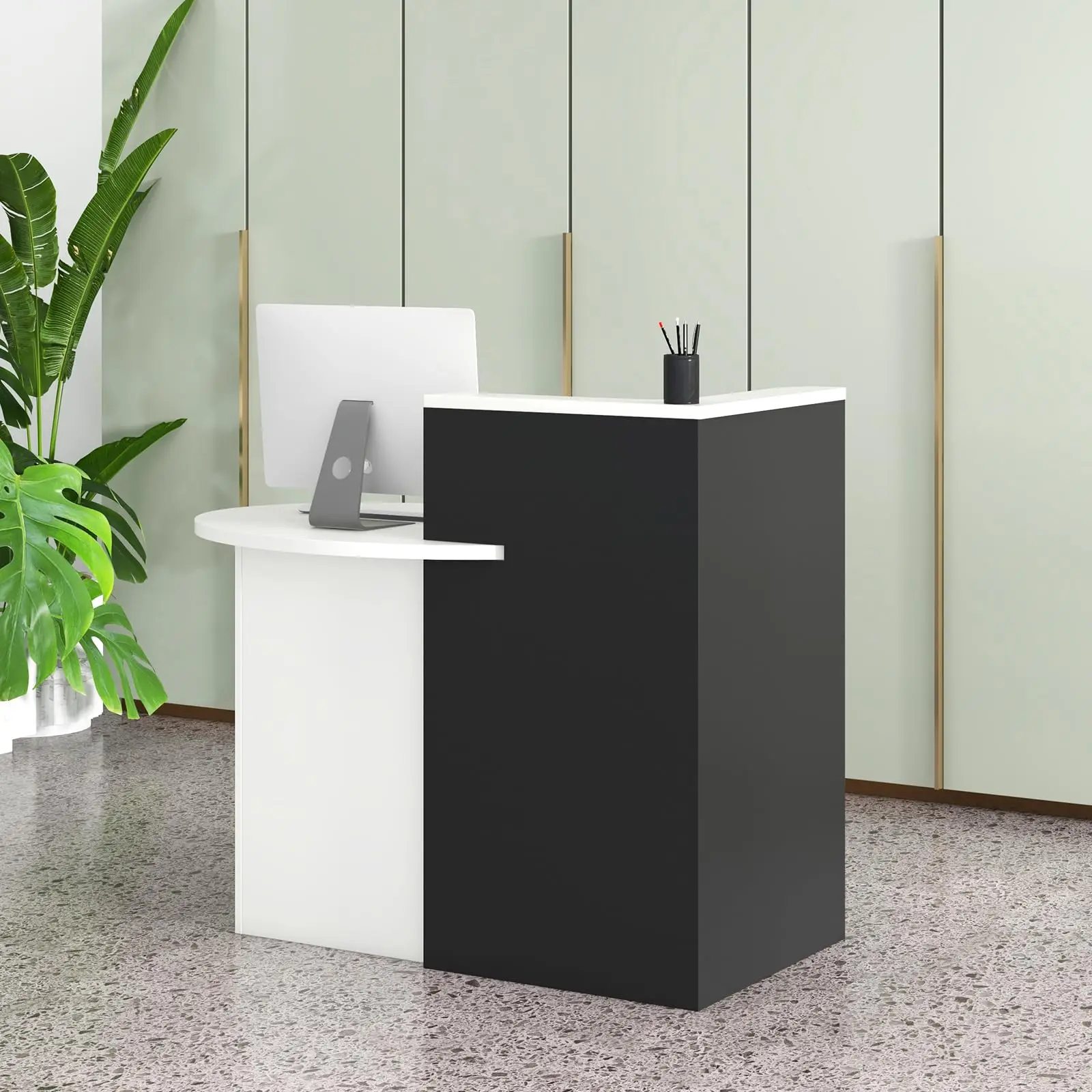 Reception Desk, Front Counter Desk with Lockable Drawer & Adjustable Shelf, Oval Desktop, Retail Counter for Checkout