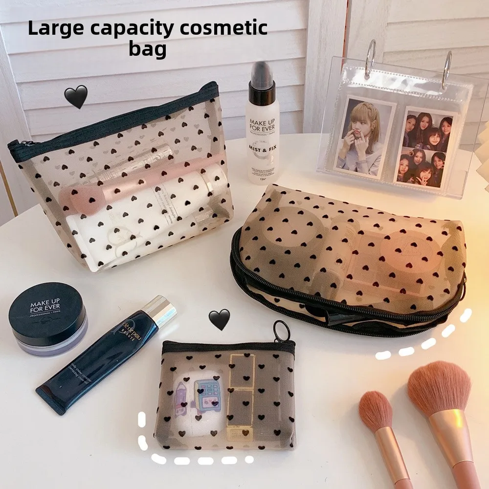 

Ins Mesh Makeup Bag Black Love Storage Bag Simple High-capacity Toiletry Bag Portable Cosmetics Organizer Transparent Coin Purse