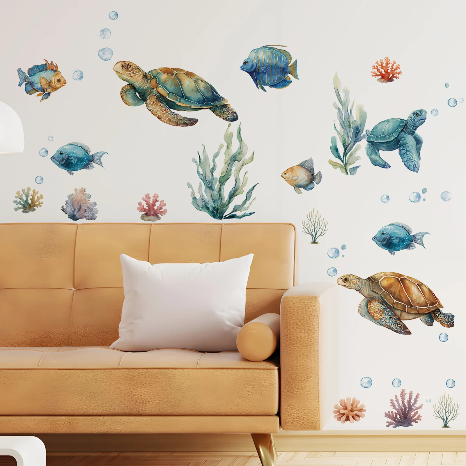 Aquarell-Meeresschildkröten-Wandaufkleber, Meereslebewesen mit Fischen & Korallen Vinyl-Sticker für Heimdekoration