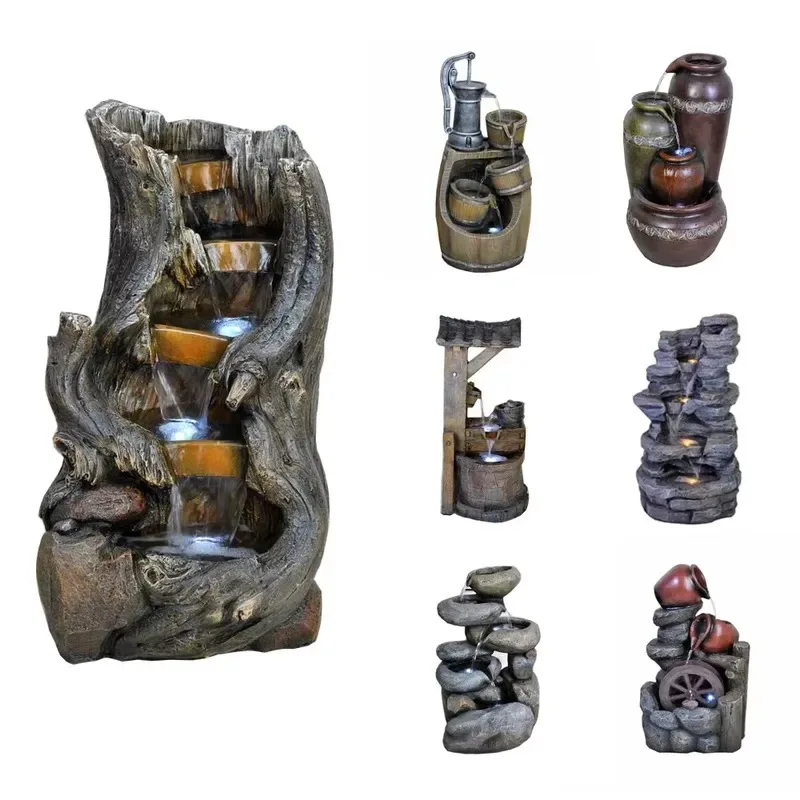 Resin Modern Solar Outdoor Rockery Trunk Garden Fountain with LED Light Three Layer Waterfall