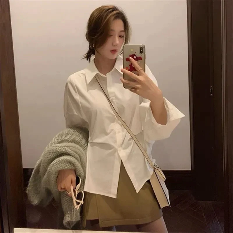 Women's White Shirt Korean OL Style Long Sleeve Turndown Collar Blouse Woman Chic Single Breasted Pleated Slim Shirts Ladies