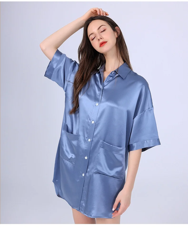 Casual Loose Short Mulberry Silk Pijamas Sleep Dress Women's Nightdress Sexy Sleepwear Nightie Button Down Nightgown Homewear