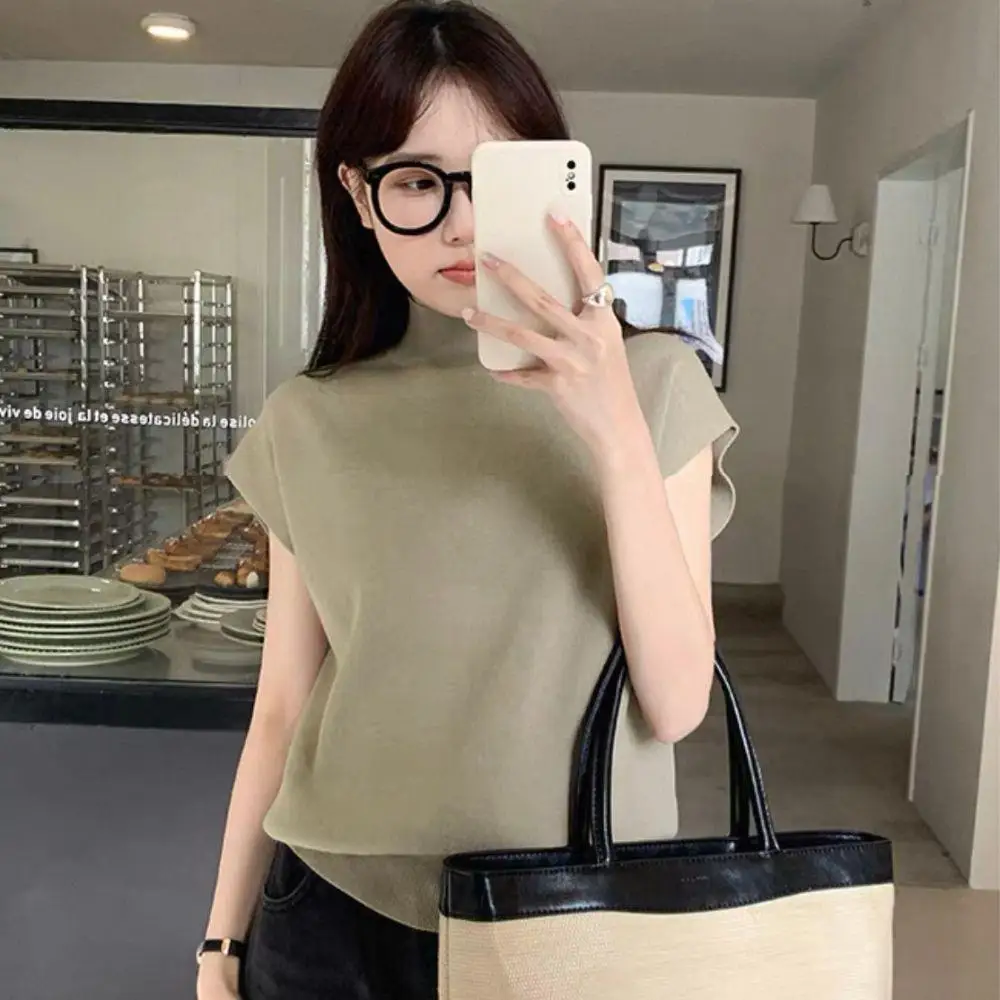 

Женская рубашка и блузки с воротником-стойкой, универсальные прямые топы, женская одежда, вязаный свитер с воротником-стойкой и коротким рукавом, НОВИНКА