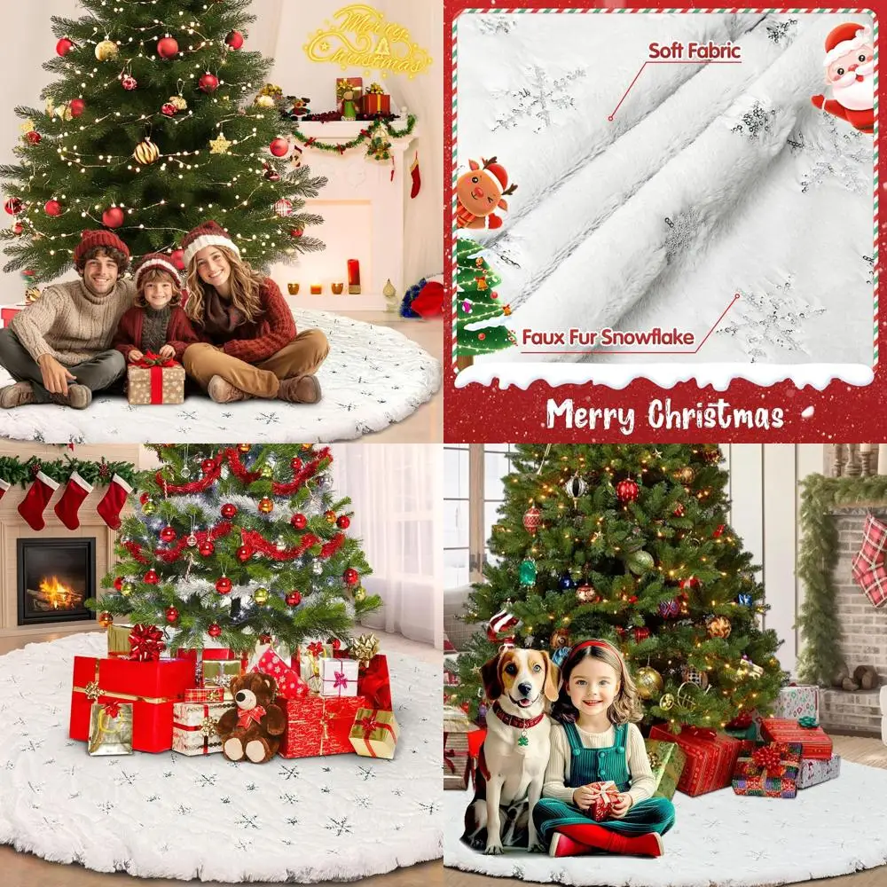 

Очень большая 72-дюймовая белая плюшевая юбка на рождественскую елку из искусственного меха с серебряными снежинками и блестками для дома и отдыха.