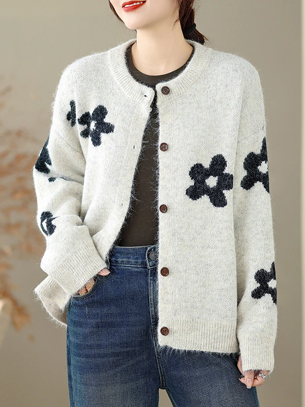 Soft Cozy Knitted Cardigan Women's Floral Print Gentle Sle Autumn Winter Long Sve Sweater Jaet Comfortable Loose Fit
