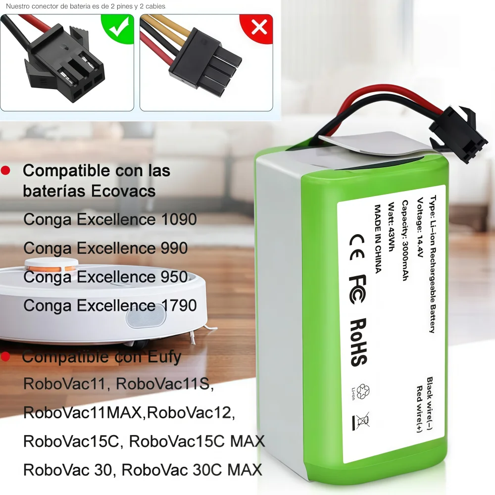 

14.4V 3000mAh Li-ion Battery Replacement for Conga Excellence 950/1790/1990 Ecovacs DN622 RoboVac 30 IKOHS S14/S15.