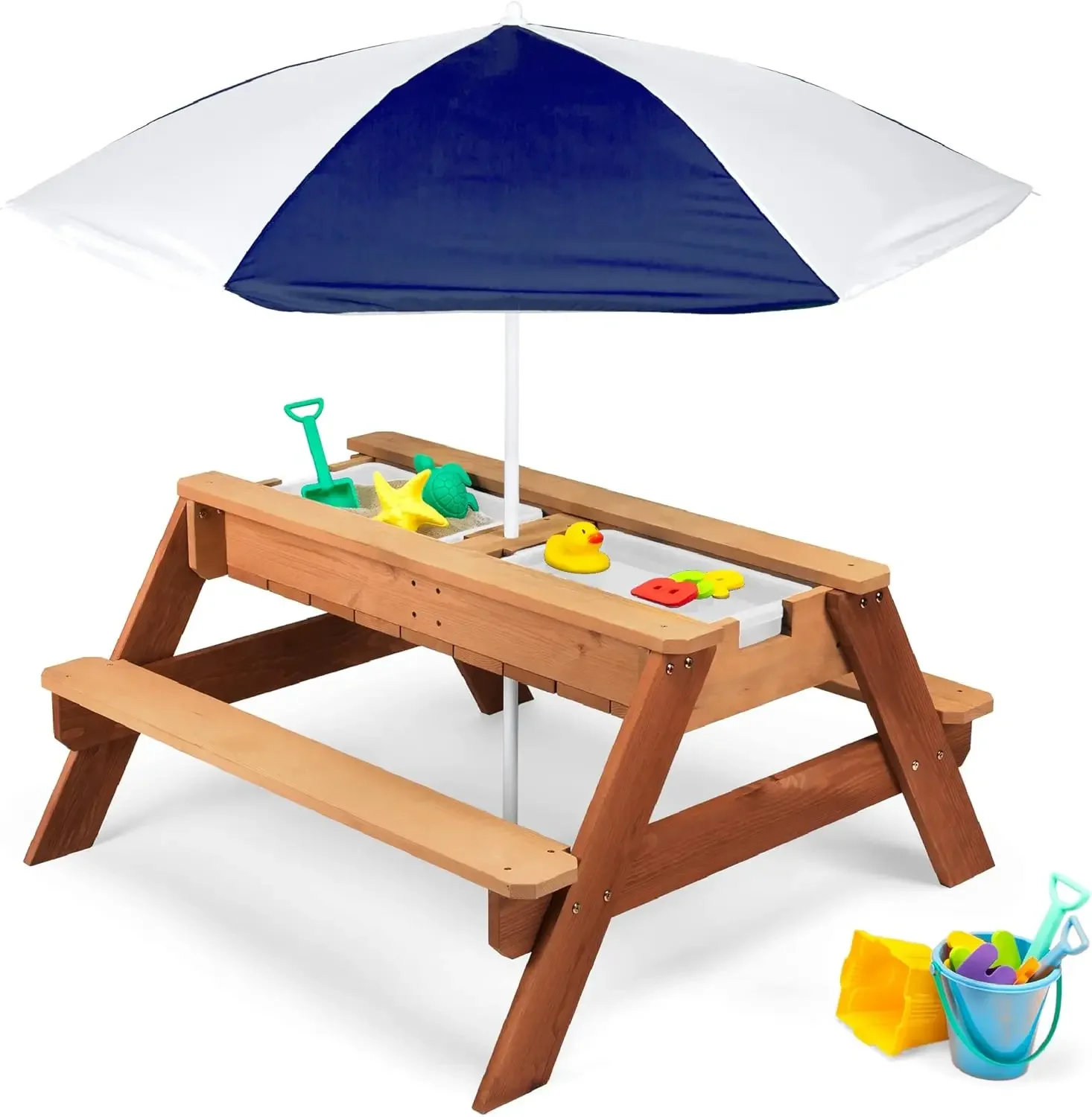 Choice Products Kids 3-in-1 Sand & Water Table, Wood Outdoor Convertible Picnic Table w/Umbrella, 2 Trays, Removable Top - Navy