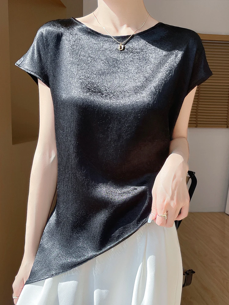 Smooth Satin Short Sleeve T-Shirt Women's National Style Shoulder Linked Flying Sleeve round Neck Base Top Irregular 3D Relief