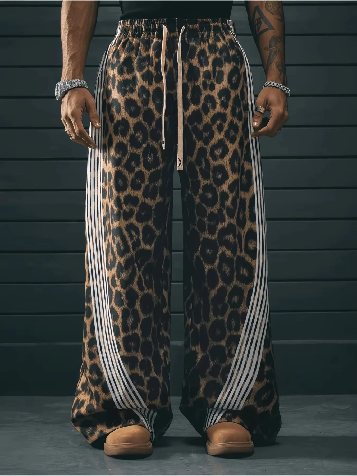 Unisex Straight Long Pants 3D Leopard Print With White Side Stripes Quick Dry Trousers Elastic Drawstring Hip Hop Street Pants