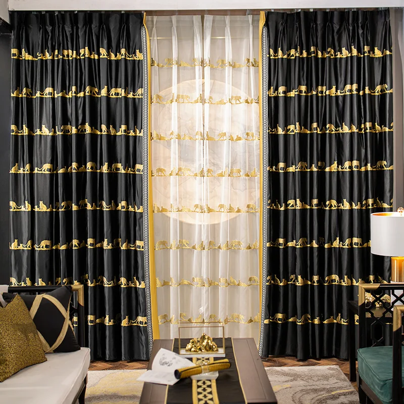 Chinese Style Black and Gold Embroidered Blackout Curtains for Living Room Study Room Bedroom Window Screen Villa Customization