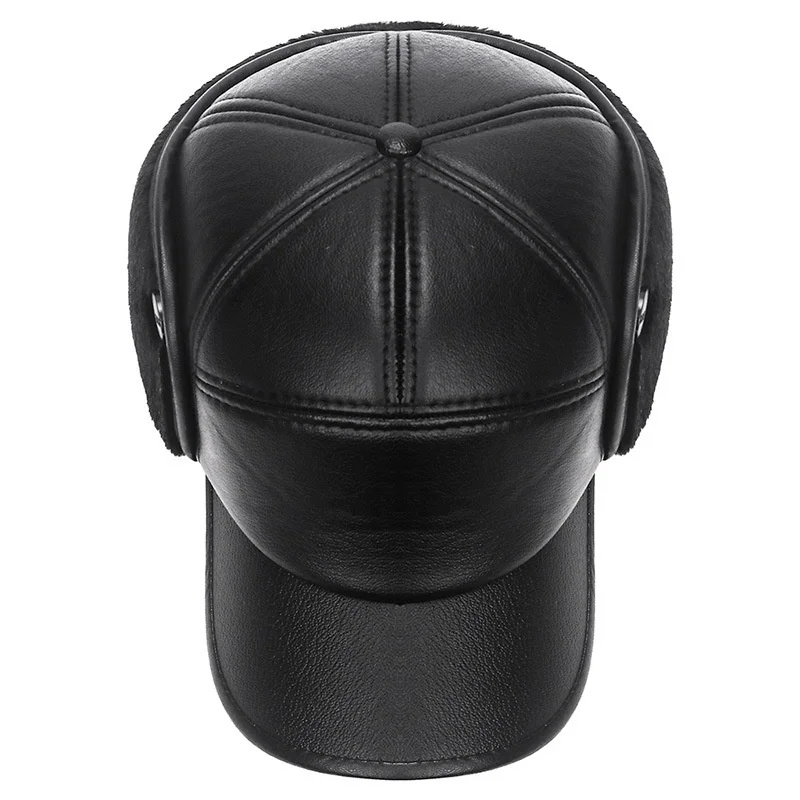 Hat Bomber New Winter Men Women Russian Black Leather Ushanka Cap With Ear Flaps Fur Warm Leather Brand Baseball Cap