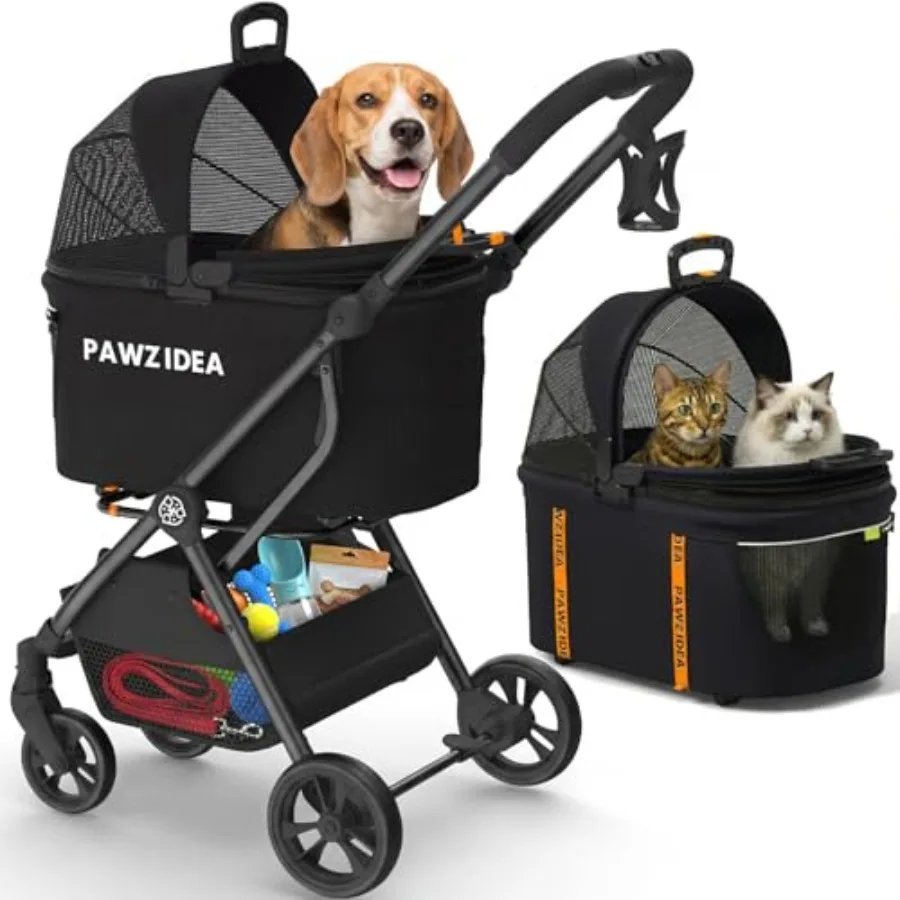 

Коляска для животных PAWZIDEA 4-в-1 для маленьких и средних собак и кошек, складная, с отсоединяемой переноской, защита от побега, без молнии