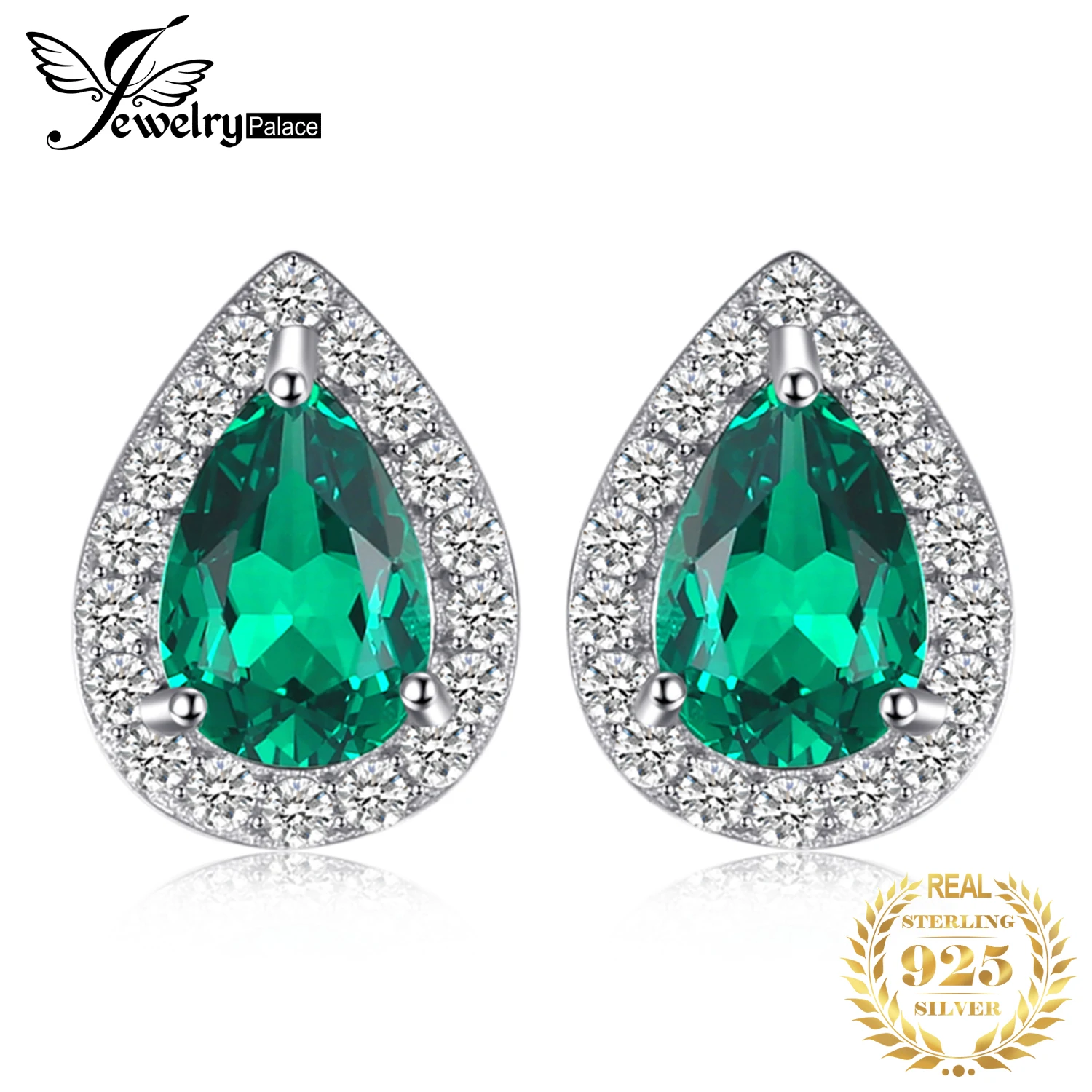 

JewelryPalace Pear Green Simulated Nano Emerald 925 Sterling Silver Stud Earrings for Women Gemstones Statement Earrings Jewelry