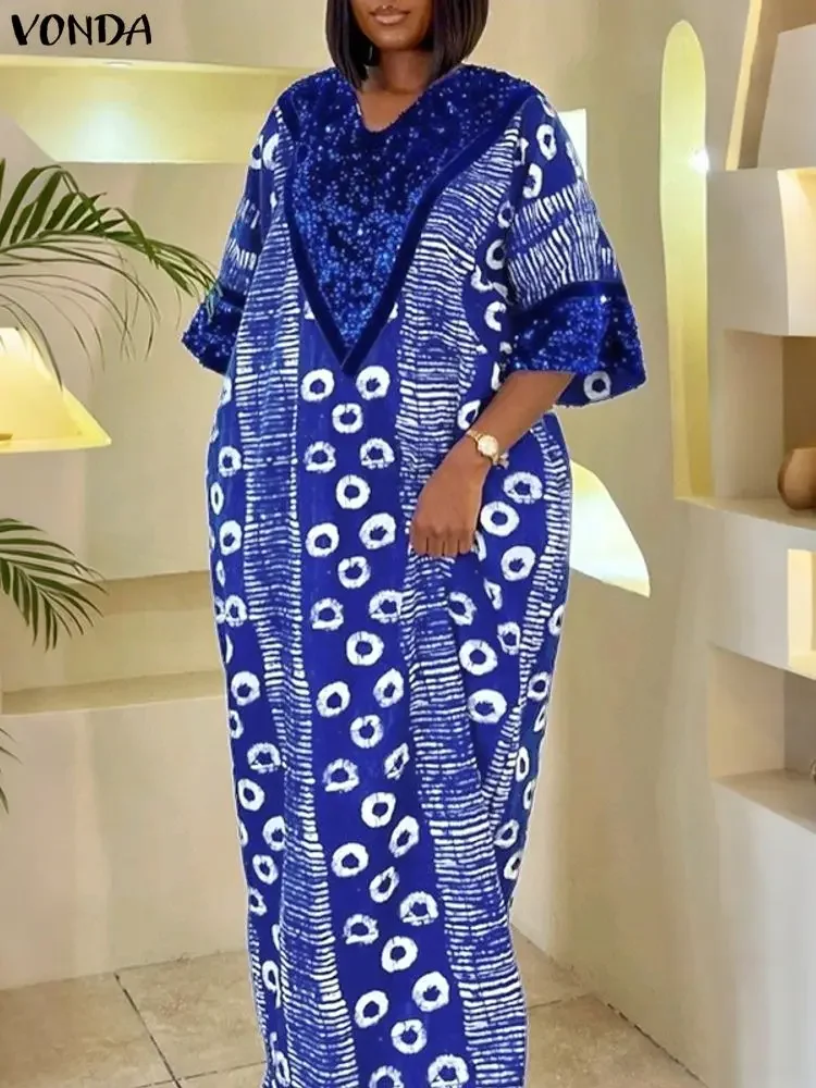 فوندا المرأة حجم كبير البوهيمي فستان طويل الترتر المرقعة ماكسي فيستدوس الخامس الرقبة الطباعة عادية خمر الخريف فضفاض رداء الحفلات