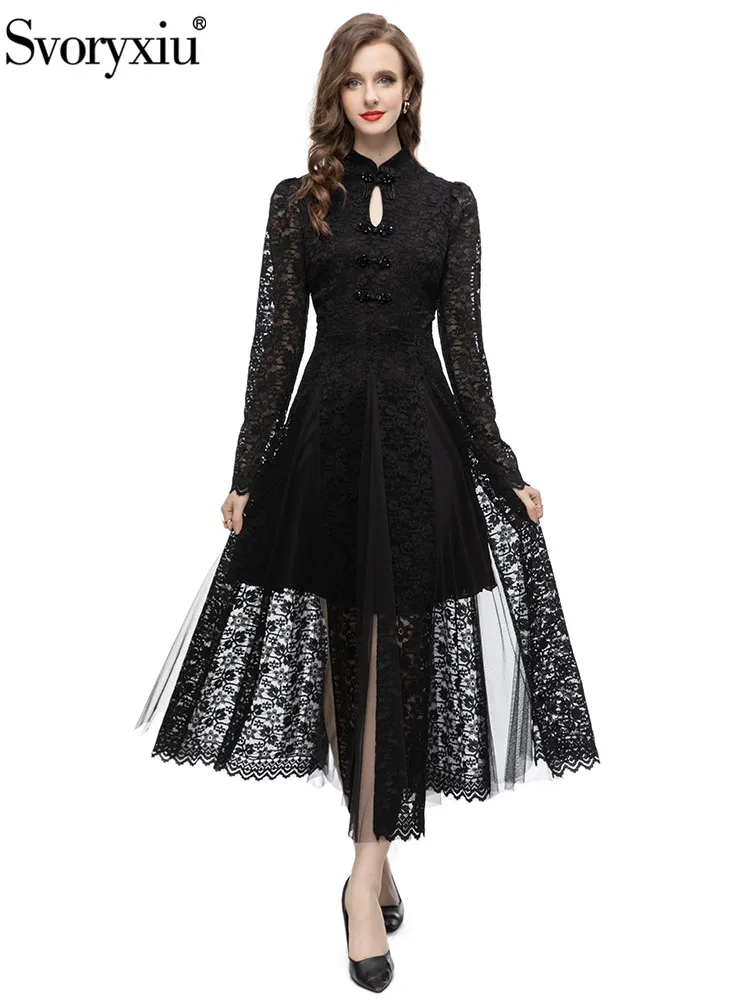 

Svoryxiu Spring Runway Designer Vintage Black Color Lace Mid-Calf Dress Women's Long Sleeve Beading Button High Waist Dress