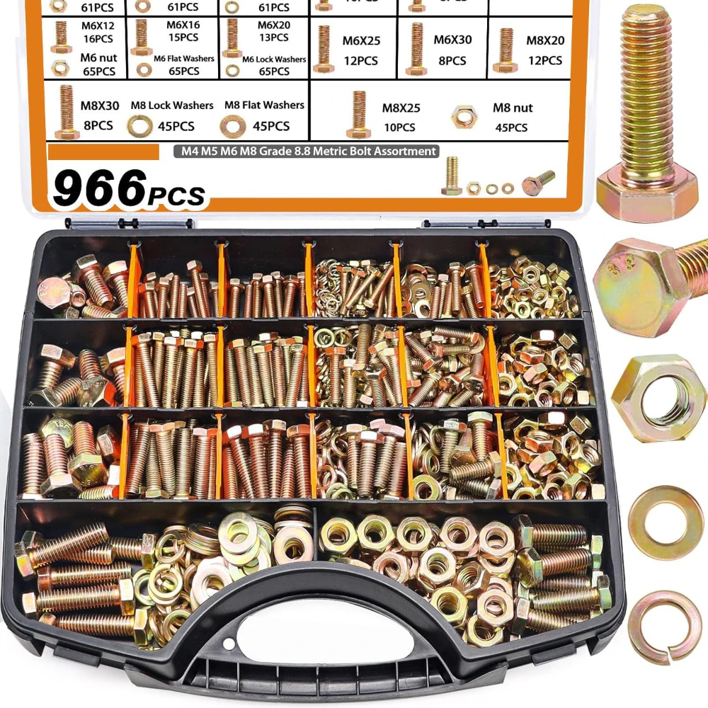 

966pcs 8.8 Grade Color Zinc Hexagon Socket Bolt Set M4 M5 M6 M8 Bolt and Nut Heavy Duty Hexagon Bolts Nuts Gasket Assortment Kit