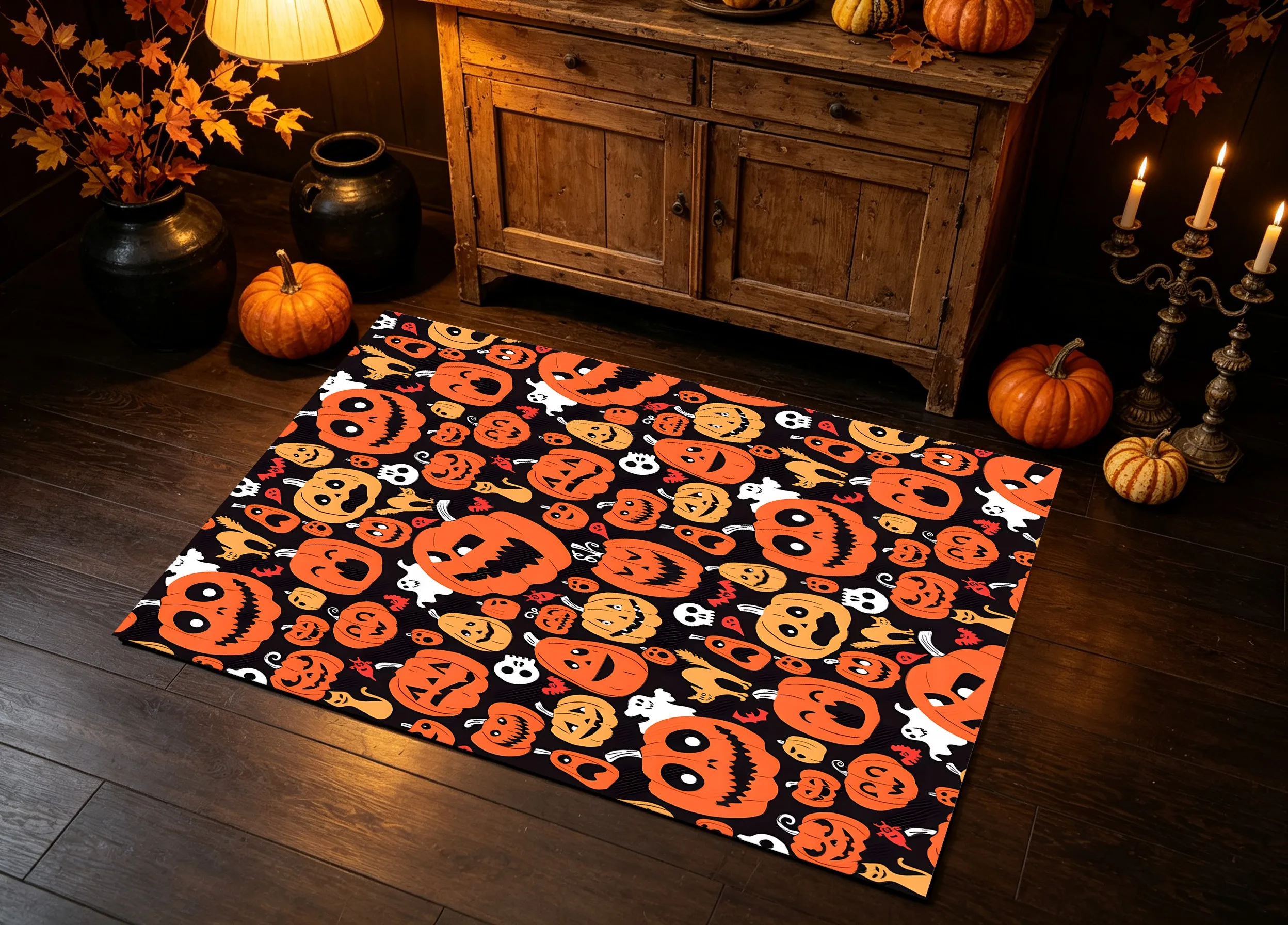 Velvet Rug Whimsical Pumpkin Ghost Skull All over Playful Style for Entryway Bedroom Bedside Decor