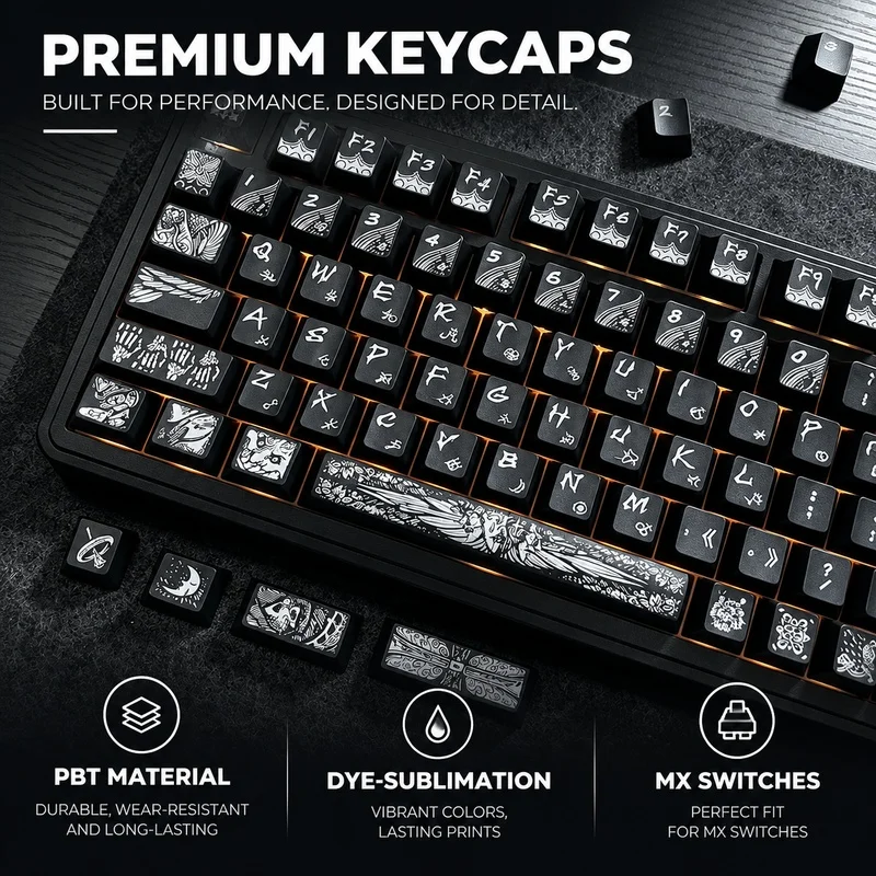 New Retro Black PBT Keycaps,135 Keys Cherry Profile Dye-Sub Custom GMK Key Cap Set For MX Switches Mechanical Keyboards 60% 75%