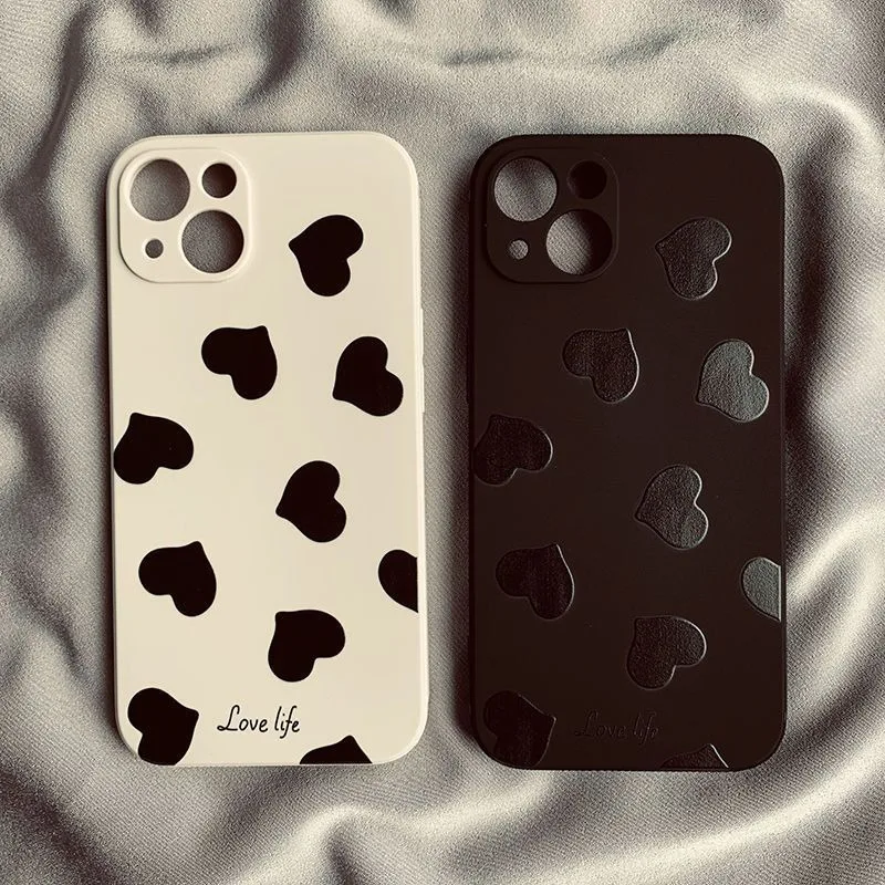 Monochromes Herz-Print „Love Life“ Handyhülle für iPhone 17 16E 16 15 14 Plus 13 12 11 Pro Max 17 Air Stoßfeste Handyhülle