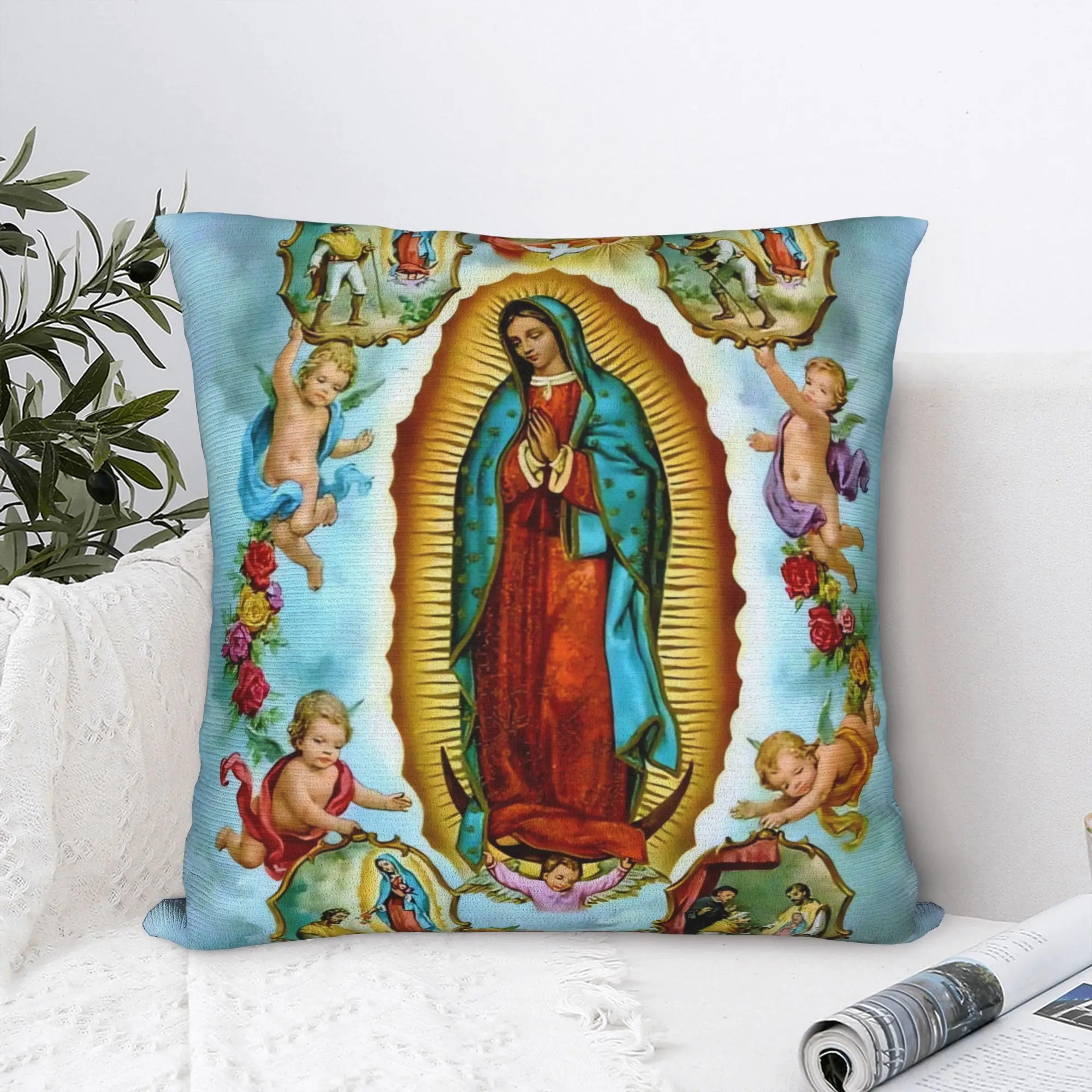Pillow Cover Virgin Mary Cherubs Rose  Kawaii Pillow Case For Sofa Bedroom Home Decor Pillowcases