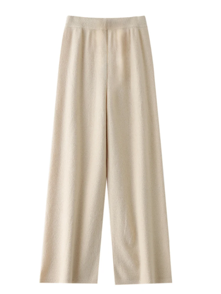 Women 100% Merino Wool Knitted Wide Leg Pants Autumn Winter Basic Soft Warm Cashmere Knit Trousers Casual Simple Fashion Style