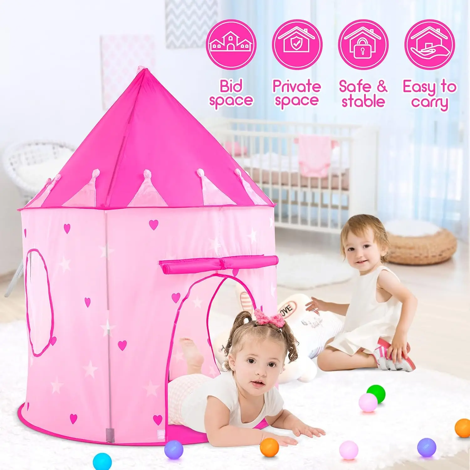 Barraca de brincar infantil de 3 peças para meninas com poço de bolinhas, túnel de engatinhar, barracas de princesa para crianças, brinquedos de casa de brincar do mundo do espaço do bebê, meninos ind