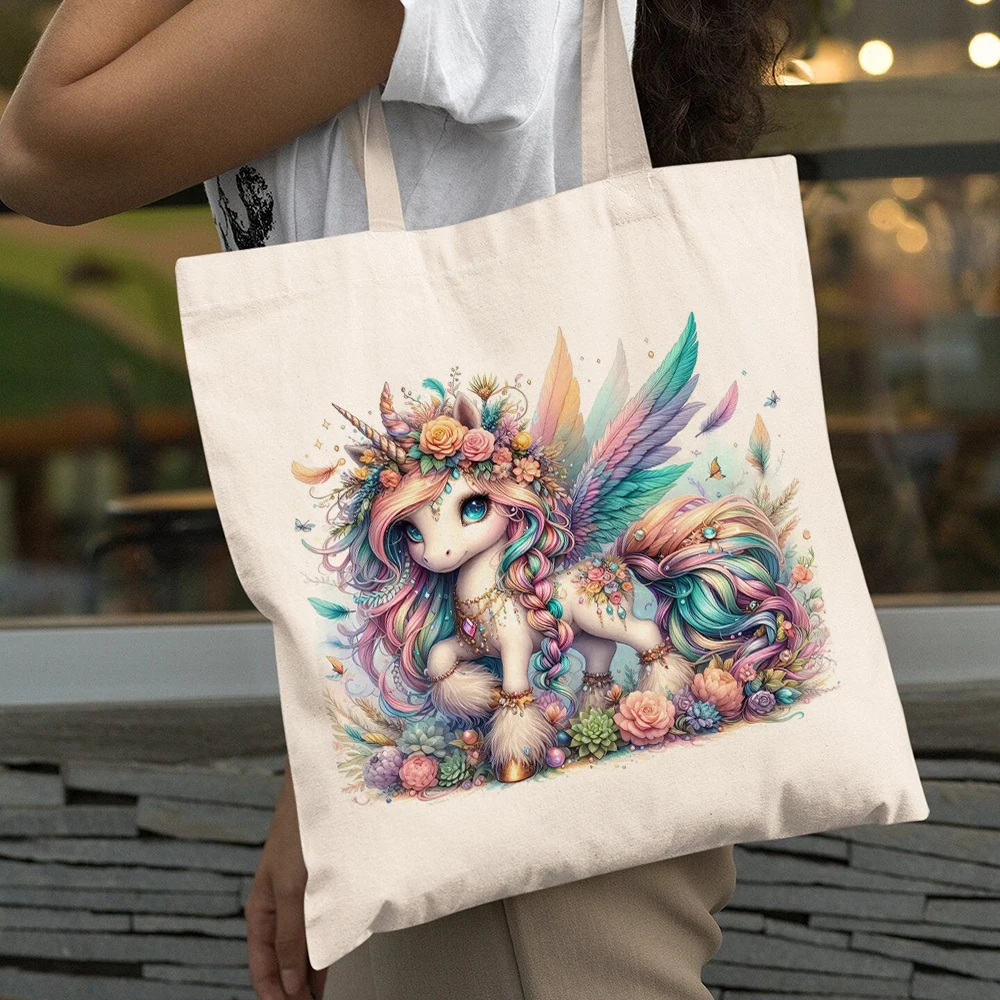 

Cartoon Flower Unicorn Women Shopper Bags Big Capacity Reusable Foldable Eco Lady Shopping Bag Double Print Animal Tote Handbag