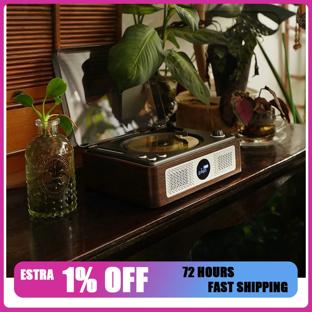 THINKYA A11 Retro CD Player Portable Bluetooth Speaker Vinyl-Style Disc Player with Stereo Sound for Home Desktop Music