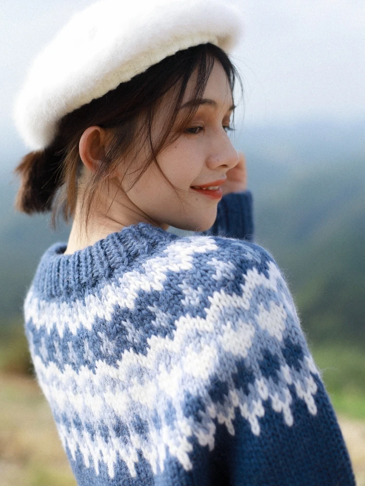 102-112cm Bust Fall Winter Blue Pullovers Women Fair Isle Fashion Vintage Pure Handmade Knit Thick Warm 100%Wool Jumper Sweaters