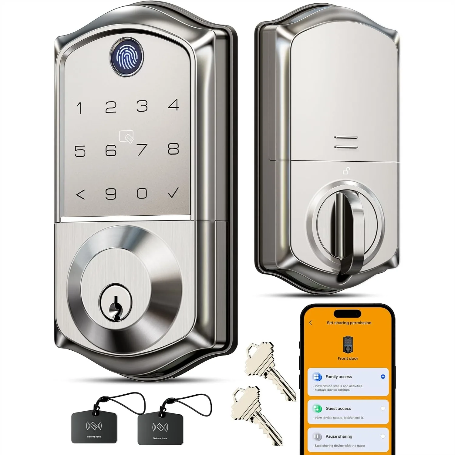 

Smart Fingerprint Door Lock with App Control, 8-in-1 Keyless Entry, Auto Lock, Emergency Power Port, Biometric Keypad for Front