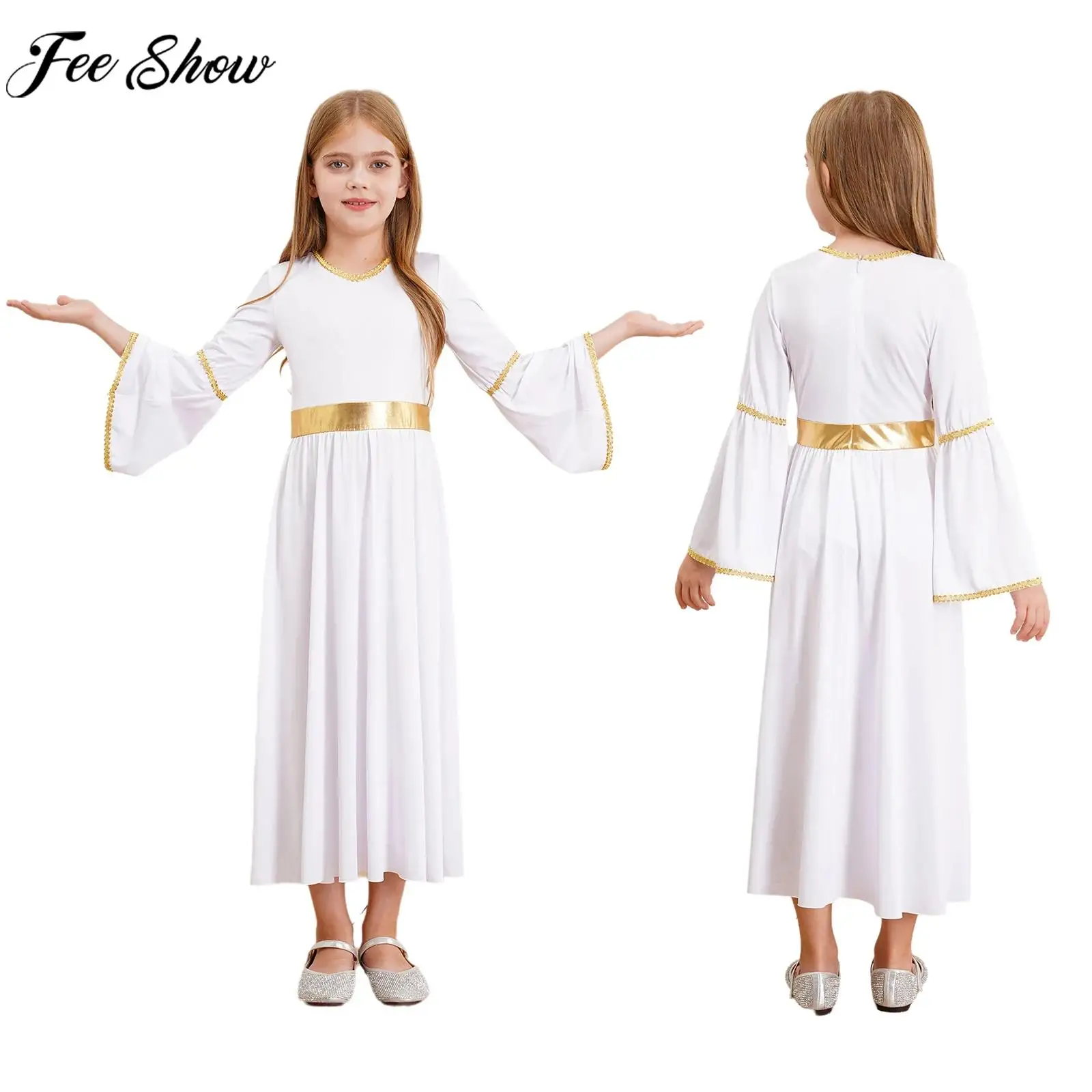 Kids Girls Angel Dress Halloween Goddesses Princess Cosplay Costume Church Choir Worship Toga Robe Long Sleeve Gold Trim Gown