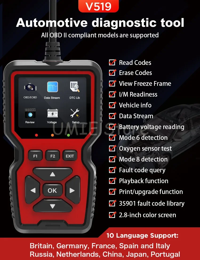 Hot selling V519 OBD2 Scanner color screen with 10 languages for printing car fault diagnosis