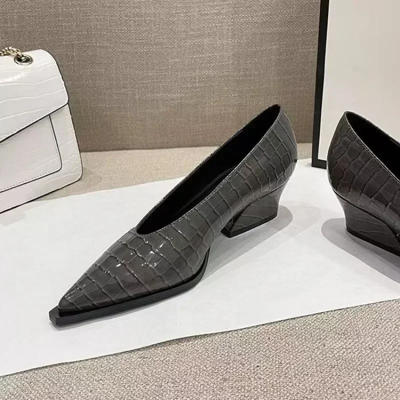 Scarpe da donna singole in pelle verniciata con scollo a V Tacco spesso a punta Tacchi alti Primavera e autunno Scarpe retrò versatili Moda donna Novità