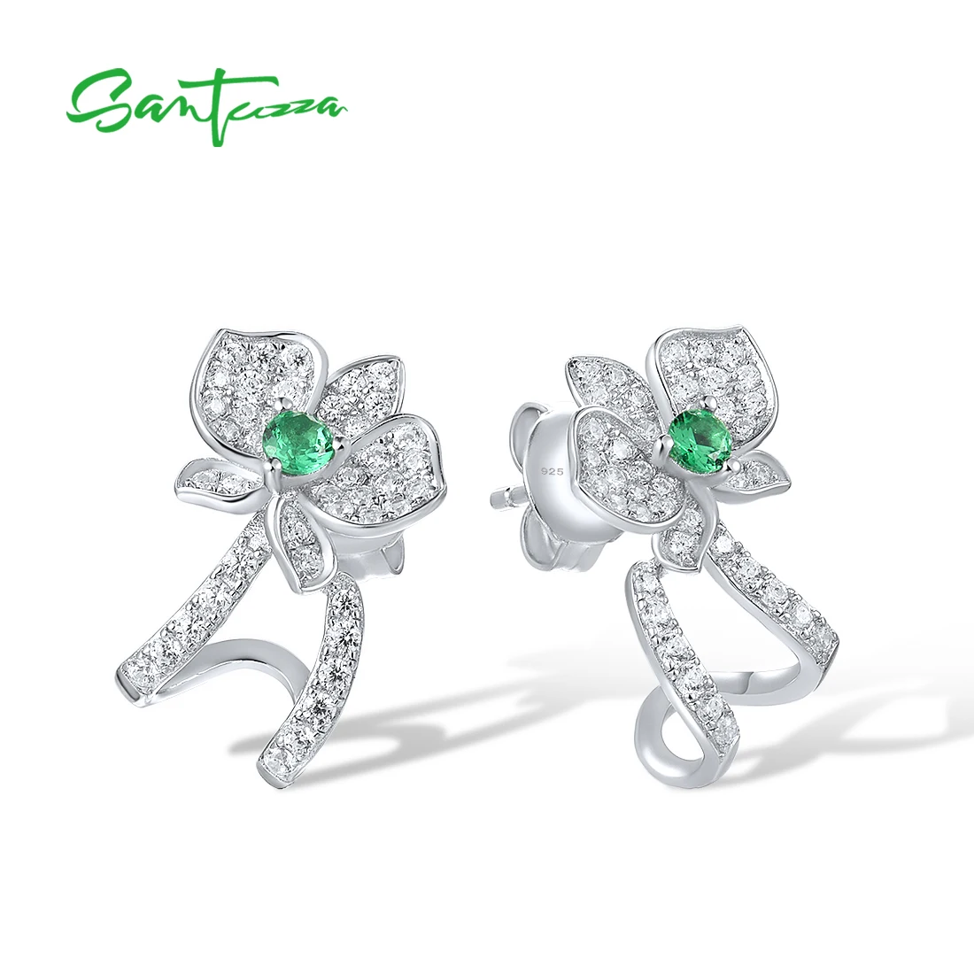 SANTUZZA Real 925 Sterling Silver Stud Earrings For Women Sparkling White CZ Green Spinel Orchid Flower Party Gifts Fine Jewelry