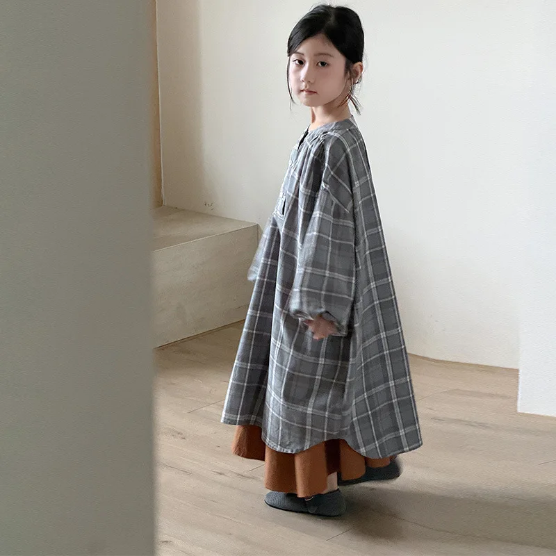 

Girls' Korean loose plaid dress two-piece set, spring and autumn children's simple and versatile half skirt two-piece set