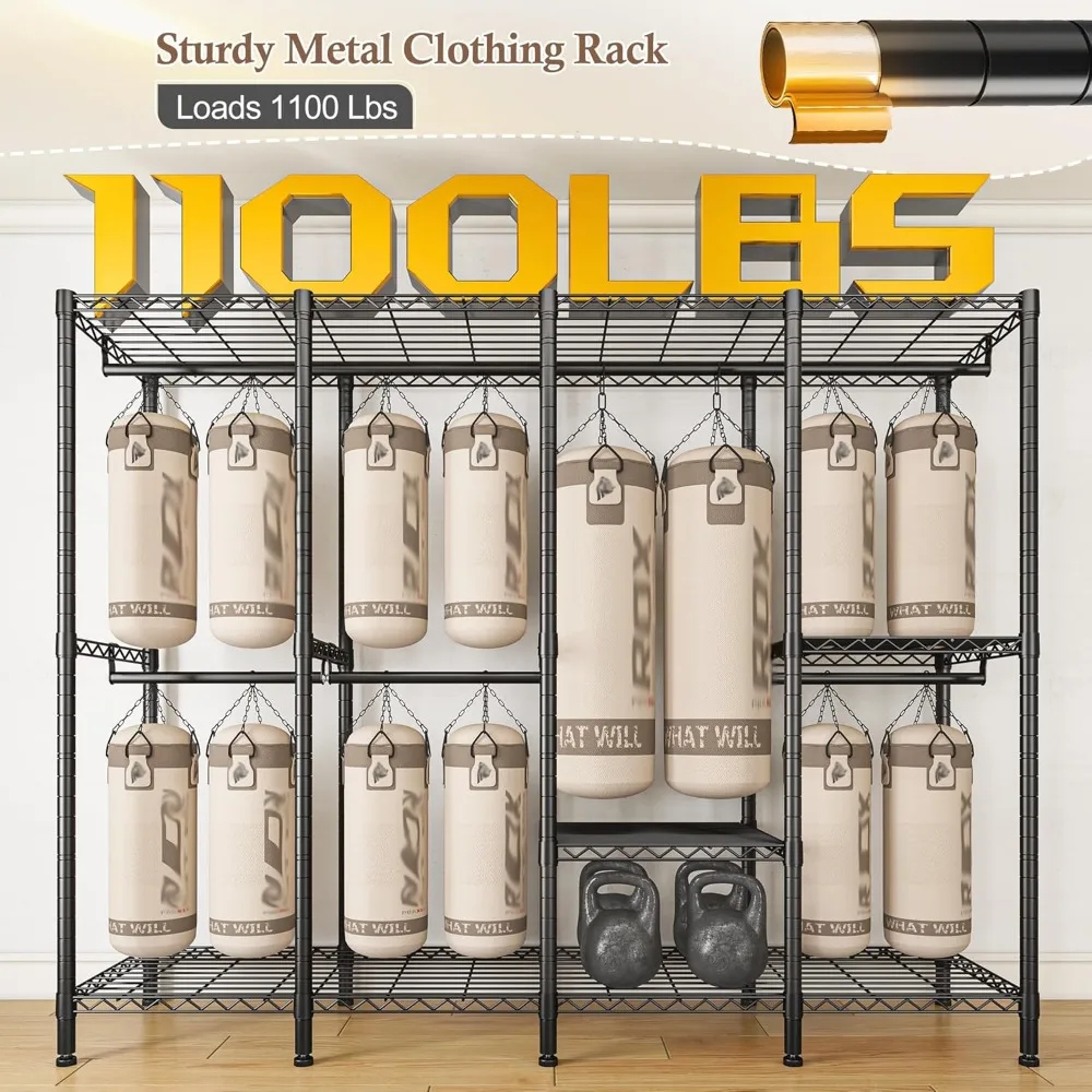 رف ملابس معدني شديد التحمل مع غطاء وأرفف - يحمل 1100 رطلاً، وخزانة محمولة لتعليق الملابس، ونعل تخزين متين