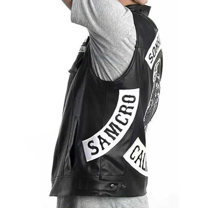 Son of Chaos in Motorcycle Style: Harley Motorcycle PU Leather Embroidered Vest Kam Shoulder Punk Fashion Leather Coat for Men image 6