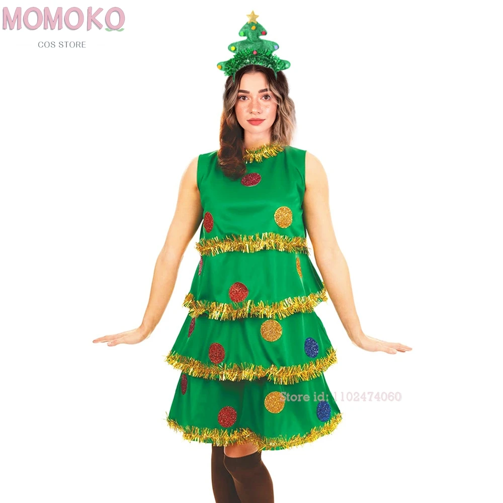 Women Christmas Tree Cosplay Costume Green Pleated Sleeveless Tiered Dress Socks Fancy Outfit Christmas 2025 New Year Party Set